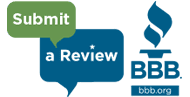 speech bubbles that say submit a review next to the better business bureau logo