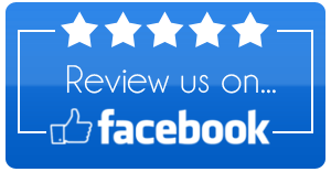5 white stars with text that says review us on facebook