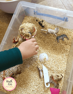 Child's hand playing in a sensory bin full of oats and toys